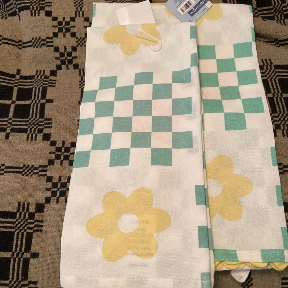 LOT of 3 Kitchen Tea Towels Retro VTG Style Green Checkerboard Yellow Flower Set